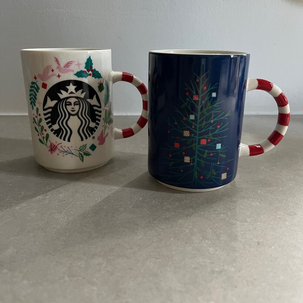 Starbucks (2) Holiday Christmas 12 oz Coffee Mugs Candy Cane Striped 2018